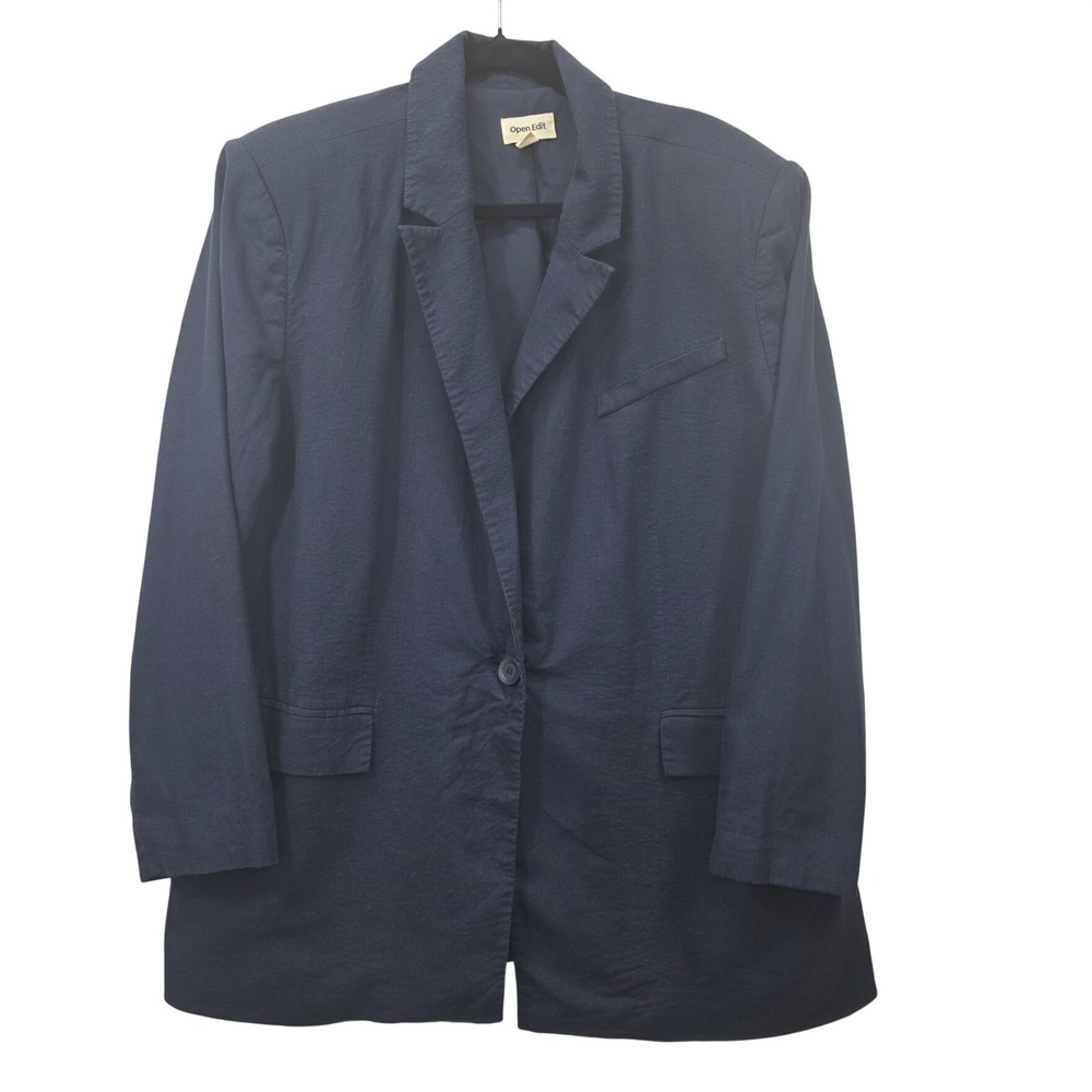 Open Edit‎ Navy Linen Blend Shoulder Pad One Button Longline Blazer Womens Large